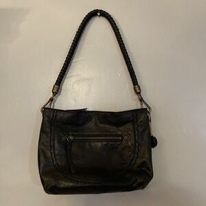 The Sak Black Leather Shoulder Bag Purse Braided Strap Brass Hardware EUC Y2K